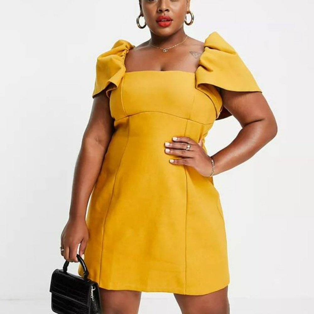 ASOS Curve square neck linen ruched sleeve mini dress tie in mustard size 22